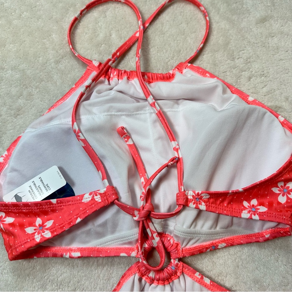 Decree Retro Boho Floral Coral Pink Cut Out Swimsuit Halter Neck Cheeky Beach - Picture 10 of 10